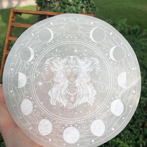 CrystalsAhoy Etched Selenite Charging Plate, Hecate Design, Charge + Cleanse Your Crystals, Hekate, made in Appleton, WI USA