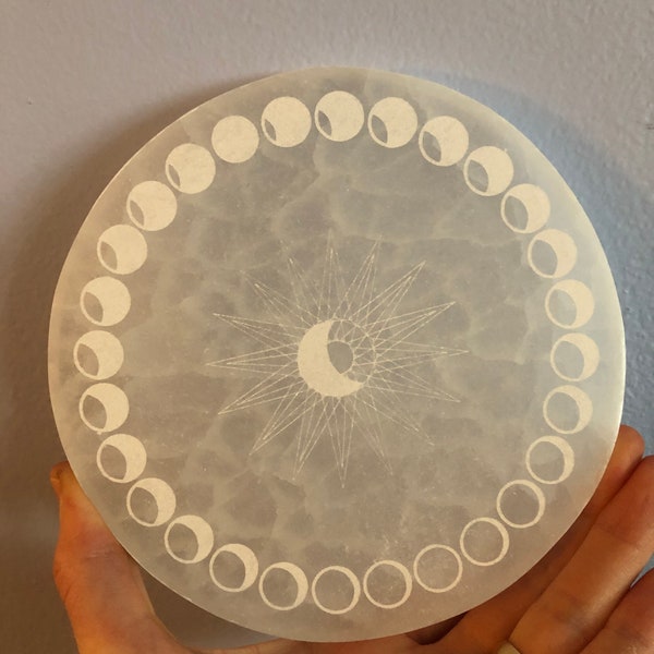 Selenite Charging  Plate, Premium Quality, Charge + Cleanse Your Crystals, moon cycle etched selenite plate, moon phases E1100