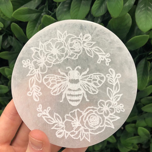 Etched Bee and Flower Selenite Charging Plate, Premium Quality, Charge + Cleanse Your Crystals, moon cycle, moon phases