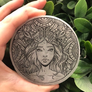 Virgo Zodiac Sign etched selenite, constellations, astrology Selenite Charging Plate, Premium Quality, E763 Made In Appleton, WI USA