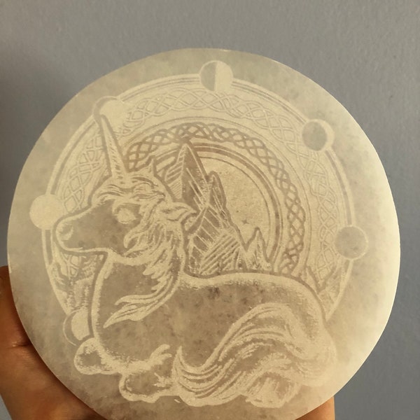 Selenite Charging  Plate, Premium Quality, Charge And Cleanse Your Crystals, unicorn Etched selenite charging plate