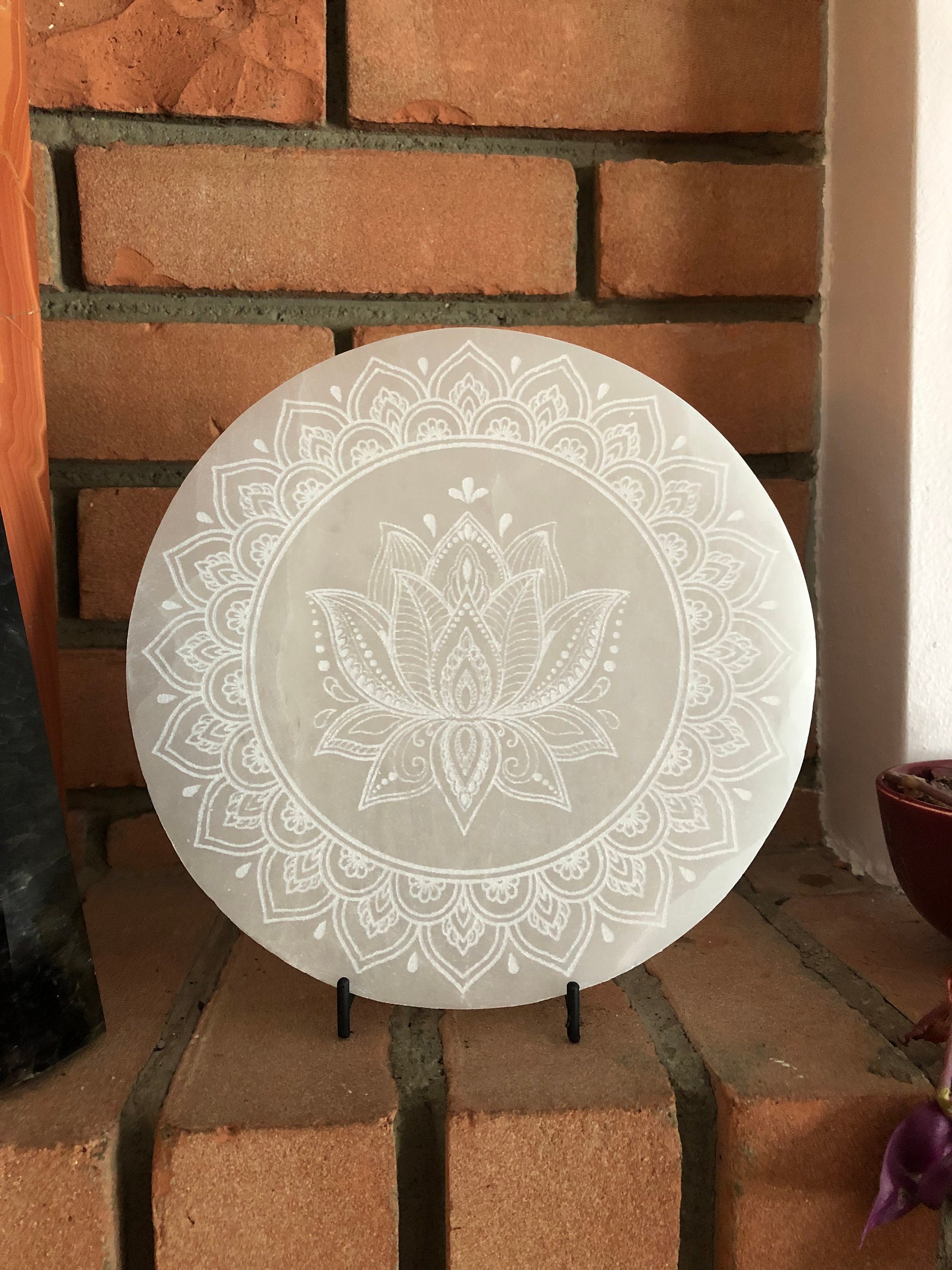 Selenite Charging Plate 8" Diameter, Absolutely Huge, Etched Selenite With Lotus Design