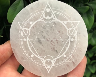 Selenite Charging Plate - Crystal Grid Plate - Engraved Sacred Geometry