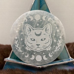 Selenite Charging Plate, Charge And Cleanse Your Crystals, cat design, Etched selenite charging, etched Cat A5072 Made In Appleton, WI USA
