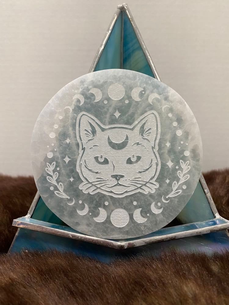 Selenite Charging Plate, Charge And Cleanse Your Crystals, cat design, Etched selenite charging, etched Cat A5072 Made In Appleton, WI USA
