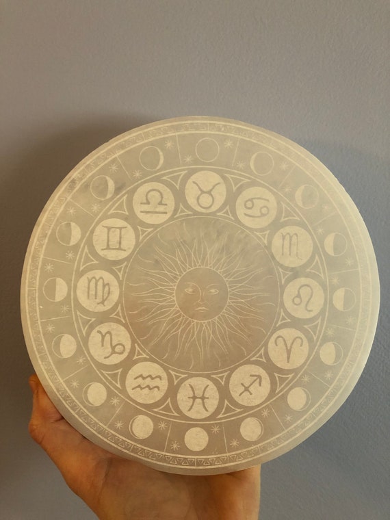 E444 Etched Selenite Charging Plate Zodiac Calendar Etsy E444 Etched Selenite Charging Plate Zodiac Calendar Etsy