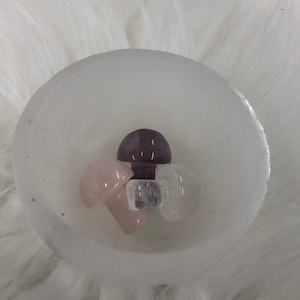 Puede incluir: Cuatro pequeñas piedras de cristal pulidas en un cuenco blanco. Las piedras tienen forma de hongo y son de color morado, rosa y transparente.