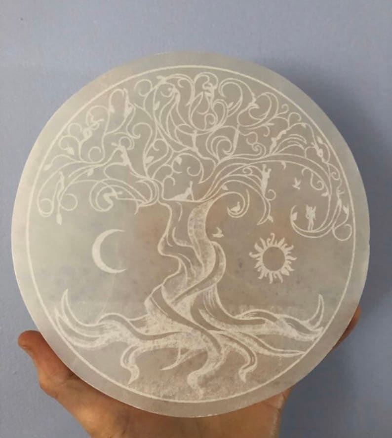 Etched Selenite Charging plate, Etched Tree of life, selenite slab, Selenite Slab, Celtic tree of life E100 Made In Appleton, WI USA 