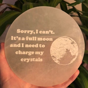 funny sorry i cant right now crystal charging etched and hand painted,  Selenite charging plates Made In Appleton, WI USA