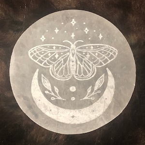 E4492 Etched selenite charging plate, lunar moth ,Selenite Charging Plate,Charge And Cleanse Your Crystals Made In Appleton, WI USA