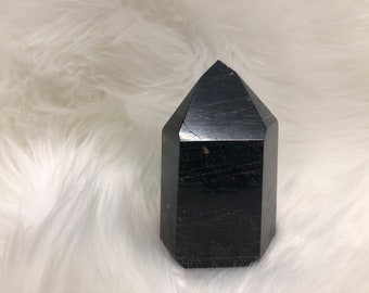 Black Tourmaline Crystal Point - Polished Tower Generator - Root Chakra Grounding Stone
