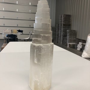 12-14” hand carved natural selenite lamp, includes cord and bulb, Each grown uniquely inside Mother Earth