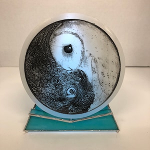 Stained glass selenite plate holder. 6” version with cord and bulb turning your favorite plate into a lamp! No plate included