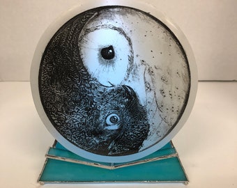 Yin Yang Owl Etched Glass Art, Stained Glass Base, Unique Home Decor