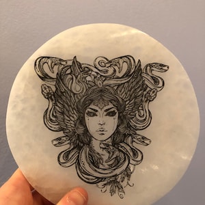 Selenite Charging Plate, etched Medusa , premium Quality, Charge And Cleanse Your Crystals, Selenite Slab Made In Appleton, WI USA