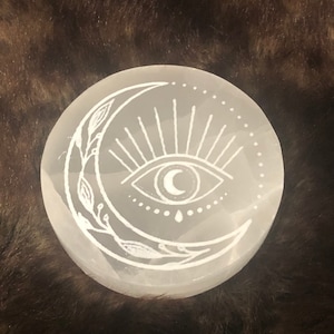 E4490 Etched selenite charging plate, moon eye,Selenite Charging Plate,Charge And Cleanse Your Crystals Made In Appleton, WI USA