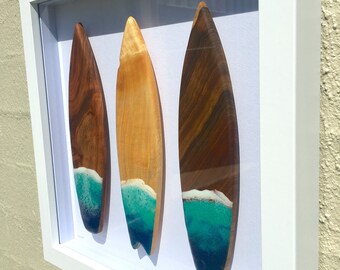 Framed Wooden Mini Surfboard Art Epoxy Resin Timber Surf Beach Coastal Surfboard Wall