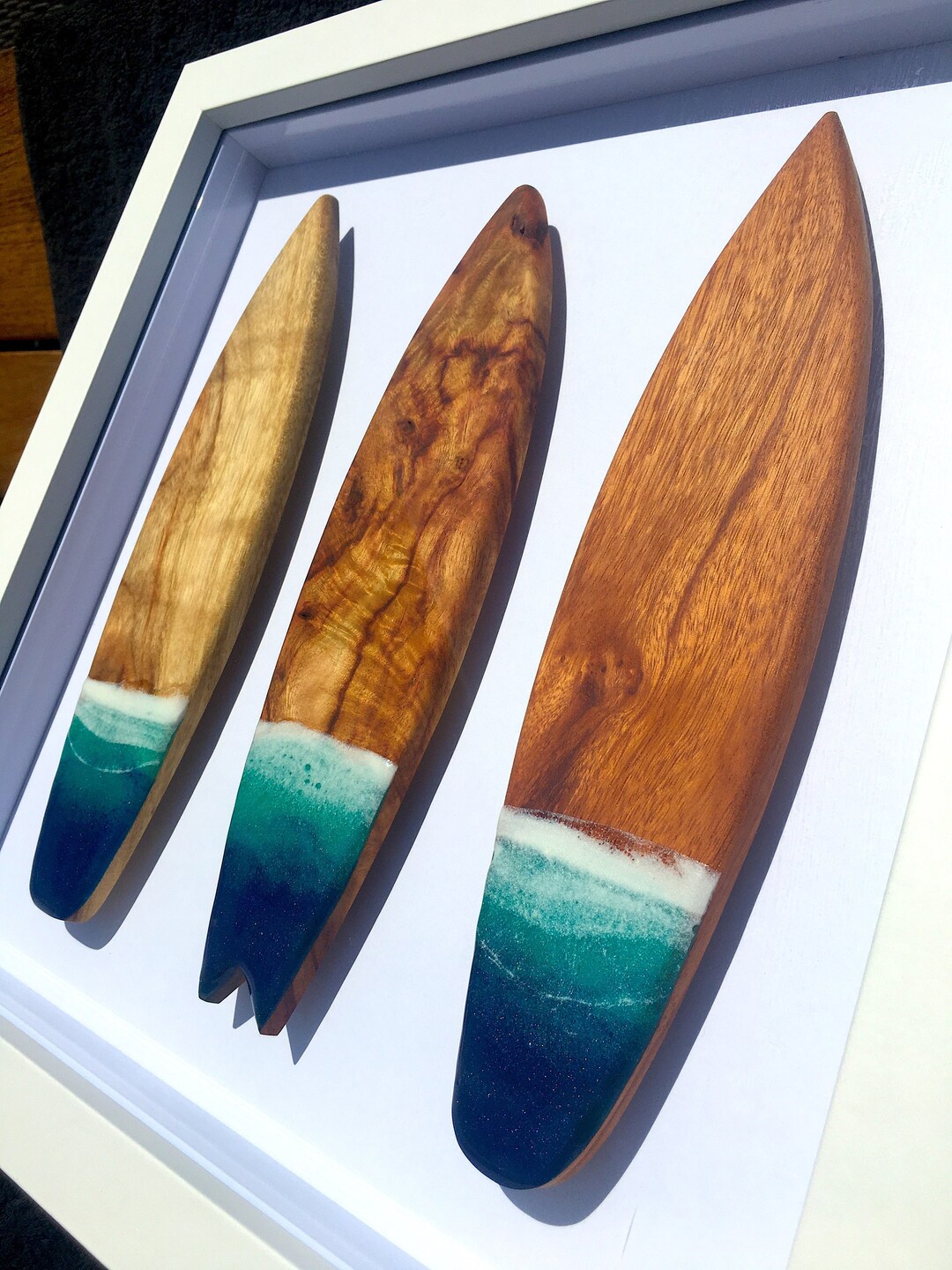 Framed Wooden Mini Surfboard Art Epoxy Resin Timber Surf Beach Coastal
