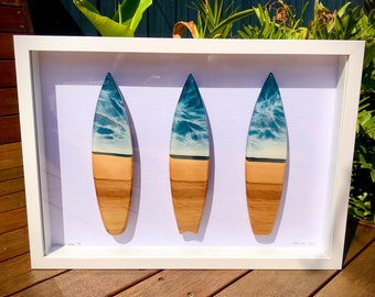 Framed Wooden Mini Surfboard Art Epoxy Resin Timber Surf Beach Coastal Surfboard Wall Color