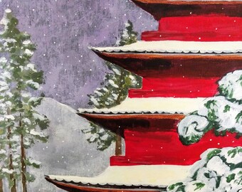 Red Pagoda, Asian art, pogoda painting, mountain pogoda, red pagoda art,