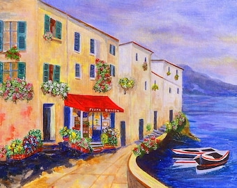 Italian Cove, Italy by the Sea, Italian Beauty, Amalfi Coast Painting, Italian Street scene Painting, Amalfi Painting