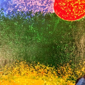 May include: Abstract painting with a vibrant color palette. The artwork features a large red sun in the upper right corner, a green forest, and a yellow and orange foreground. The sky transitions from blue to pink.