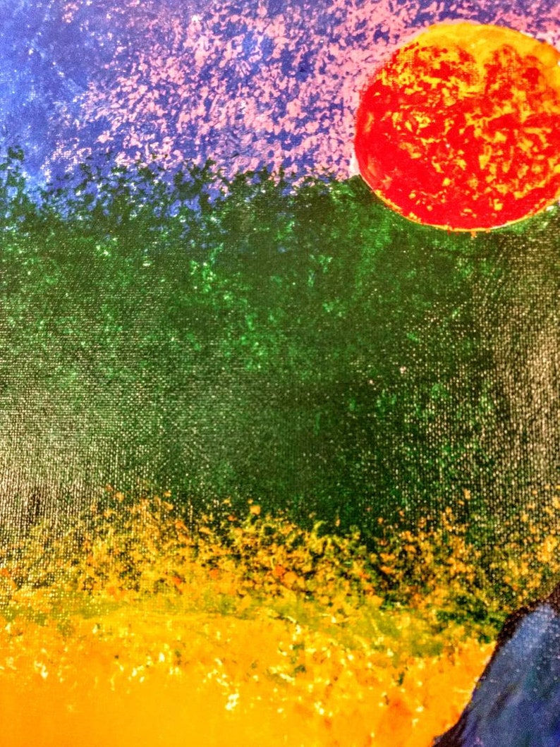 May include: Abstract painting with a vibrant color palette. The artwork features a large red sun in the upper right corner, a green forest, and a yellow and orange foreground. The sky transitions from blue to pink.