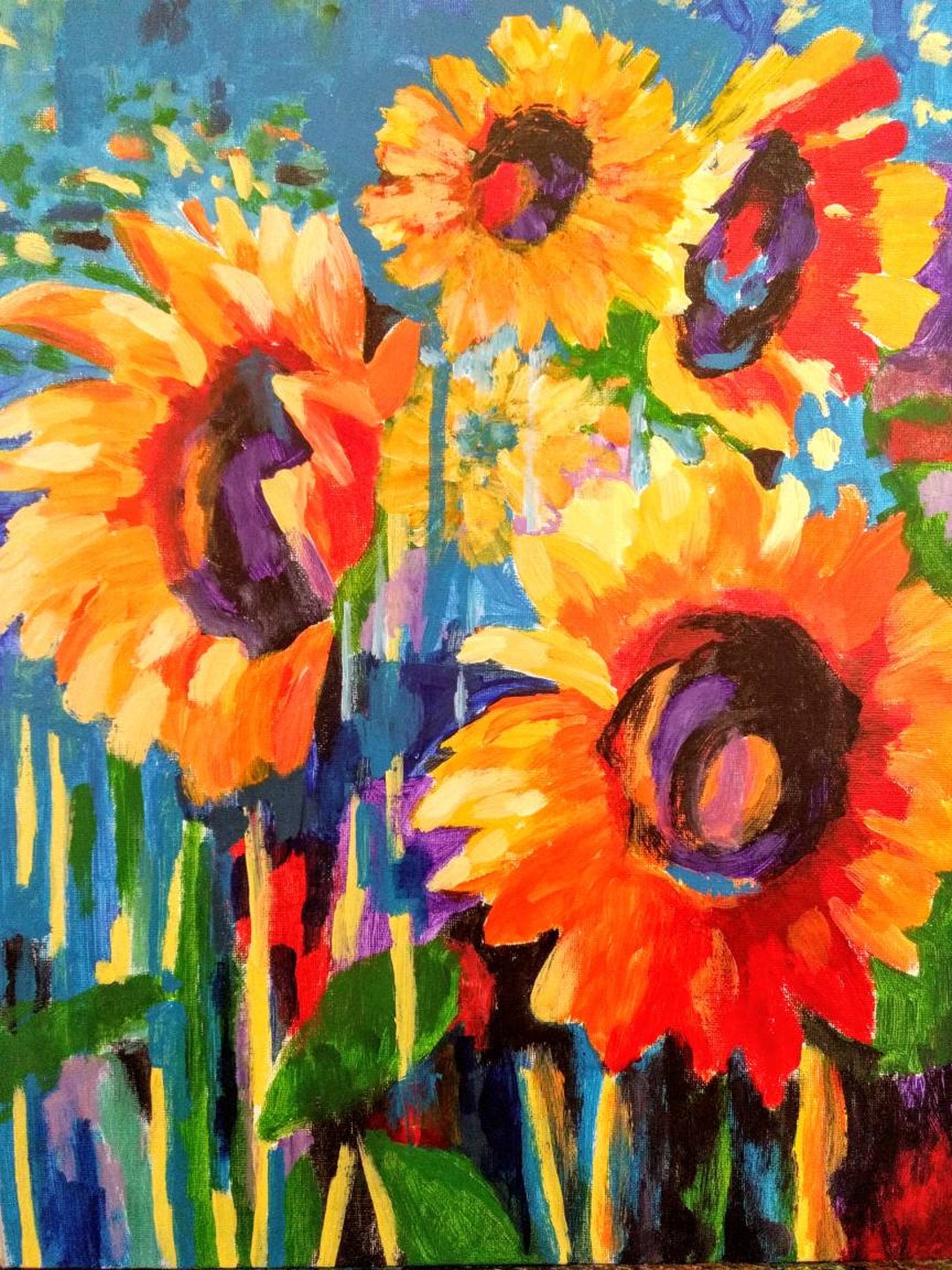Sunflowers Acrylic Painting 14x18, Modern Sunflowers