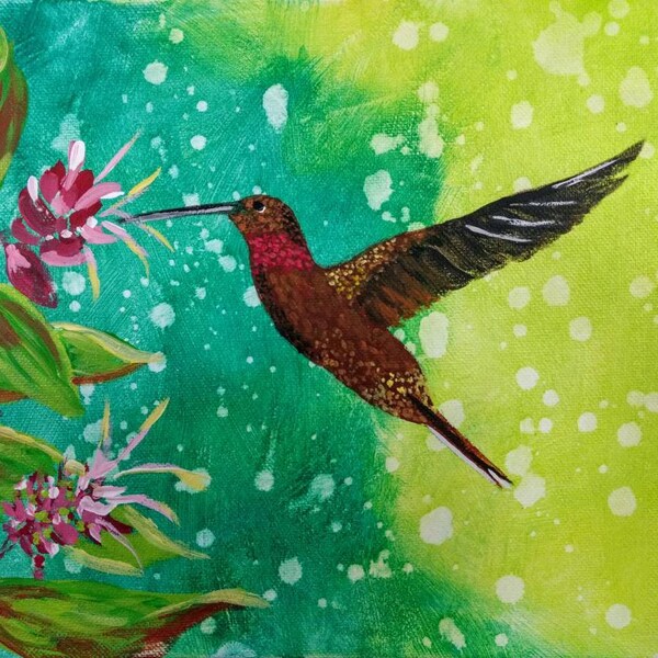 Ruby throat acrylic painting hummingbird for the bedroom, kids room kitchen, red throat hummingbird, birthday, valentines day.