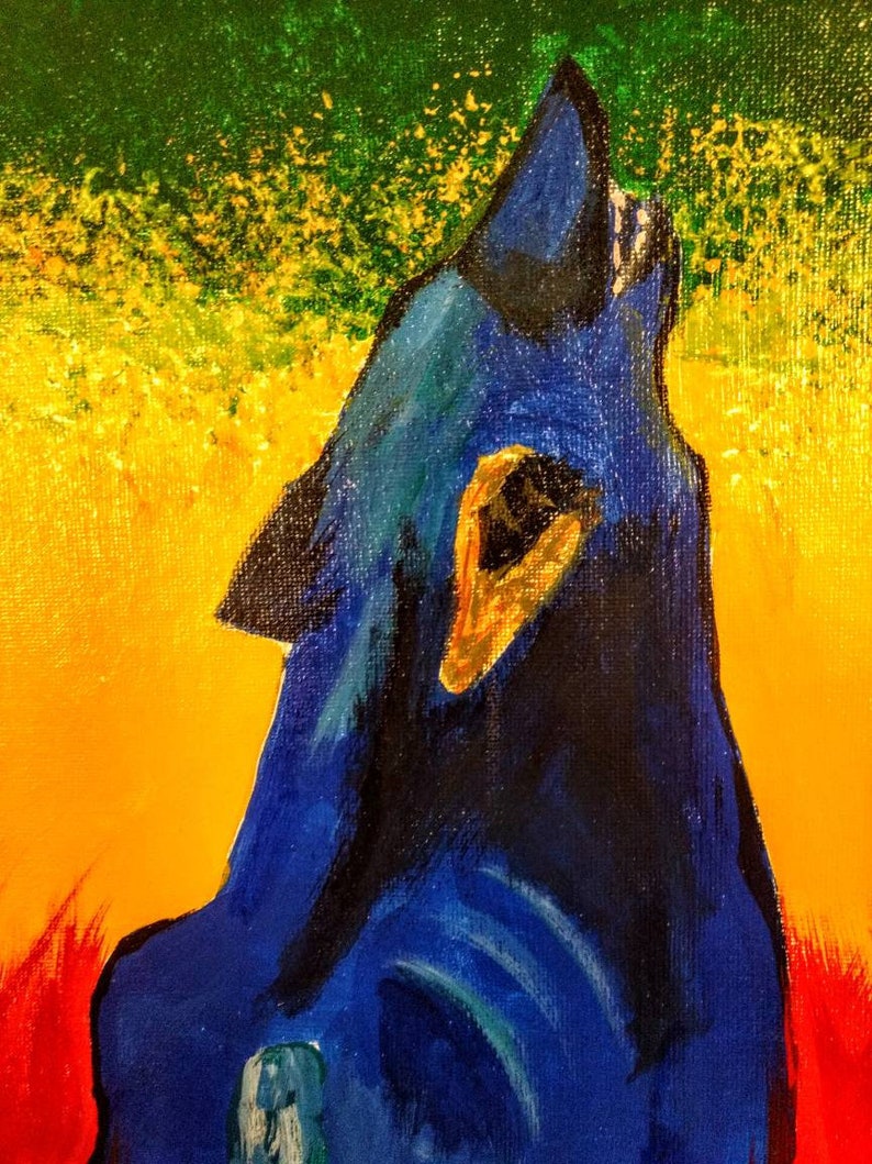 May include: An abstract painting of a howling wolf in shades of blue and black against a vibrant background. The background transitions from red to yellow and green, creating a striking contrast. The artwork is on canvas.