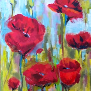Poppies in Bloom,Red Poppies, modern poppies, Poppy art, Poppy painting, Red Poppy Painting, red flower art, Modern red poppies