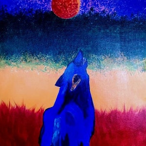 May include: An abstract painting of a blue wolf howling at a red moon in a dark blue sky. The wolf is silhouetted against a gradient background of orange and red. The artwork evokes a sense of mystery and the wild.