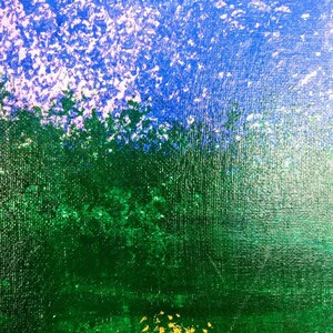 May include: Abstract painting with a textured canvas. The artwork features a gradient of colors, transitioning from blue at the top to green in the middle, and yellow at the bottom. The brushstrokes create a sense of depth and movement.