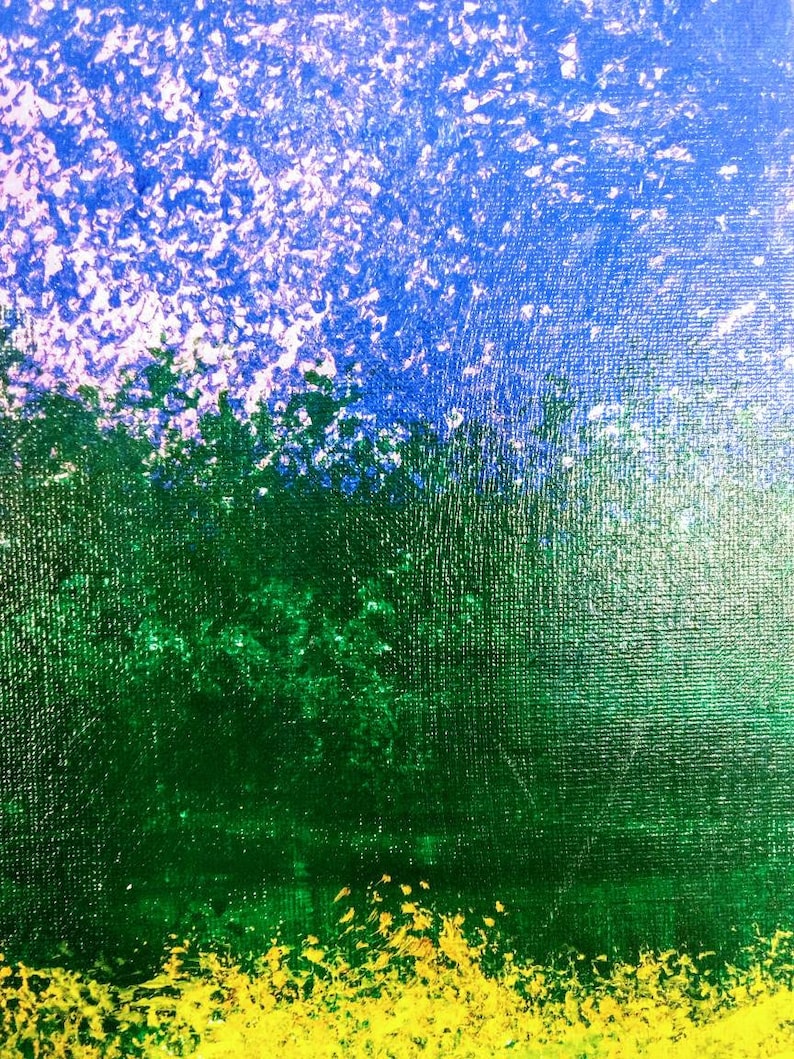May include: Abstract painting with a textured canvas. The artwork features a gradient of colors, transitioning from blue at the top to green in the middle, and yellow at the bottom. The brushstrokes create a sense of depth and movement.