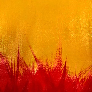 May include: Abstract painting with a textured canvas. The artwork features a gradient of yellow to red, with brushstrokes creating a grass-like effect at the bottom. The colors blend to create a warm, vibrant composition.