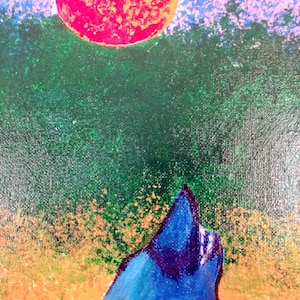 May include: An abstract painting featuring a vibrant red and orange sun against a blue and pink sky. Below, a green, textured landscape transitions to a tan foreground, with a blue mountain shape in the lower portion.