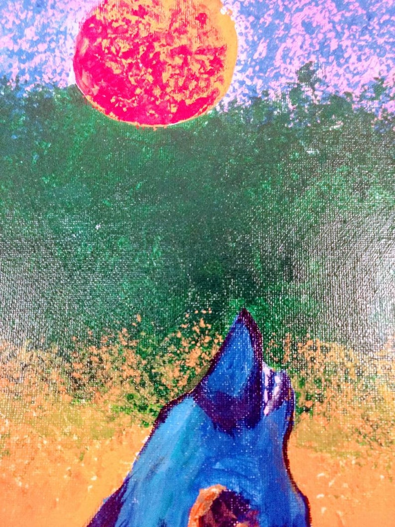 May include: An abstract painting featuring a vibrant red and orange sun against a blue and pink sky. Below, a green, textured landscape transitions to a tan foreground, with a blue mountain shape in the lower portion.
