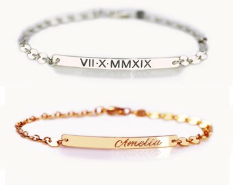 Coin chain bar bracelet, Customized bracelet, Engraved bracelet with coin chain, Personalized bracelets in sterling silver & Gold filled.