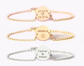 Personalized Bracelet for women with disc, Engraved with names, Gift for Christmas, Customized Disc Bracelet, Coordinates disc bracelet.