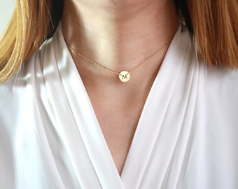 Gold Choker Necklace for women, Rose Gold choker Necklace for her,  Coin Disc initial necklace, Personalized Necklace for women