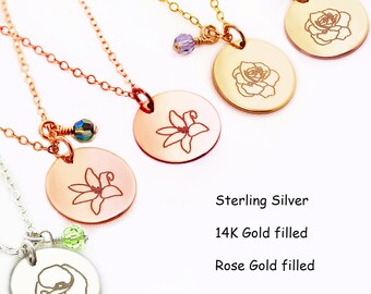 Birth flower Necklace Personalized 14K Gold filled Flower Disc Necklace Birthday Necklace, Birthday Gift, Rose Necklace, Poppy, Carnation