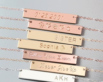 Engraved Bar Necklace Personalized Jewelry Gold Necklace Custom Name Necklace Gift Women Rose Gold and St. Silver Necklace Christmas Gift