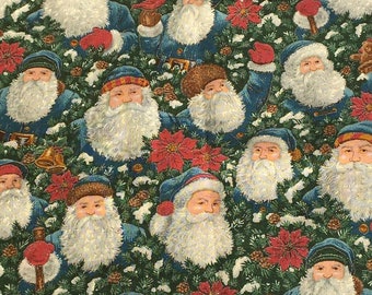 May include: A festive fabric featuring a repeating pattern of Santa Clauses wearing blue coats and white beards. The Santas are surrounded by green pine branches, red poinsettias, and white snow.