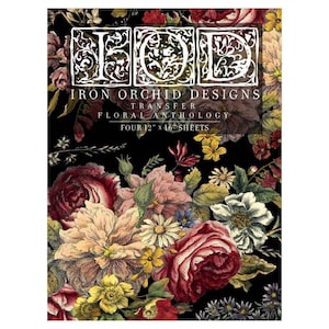 May include: Iron Orchid Designs Transfer Floral Anthology, a set of four 12" x 16" sheets featuring a vintage floral design with red, pink, white, and yellow flowers on a black background.