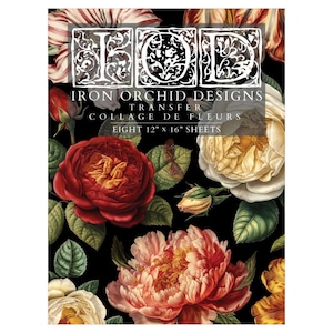 May include: A sheet of transfer paper with a floral design featuring red, white, and pink roses and peonies on a black background. The paper is labelled "Iron Orchid Designs Transfer Collage de Fleurs Eight 12" x 16" Sheets".