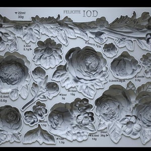 May include: A grey silicone mould with a variety of floral designs, including roses and other flowers. The mould is labelled "FELICITE IOD" and includes measurements in millilitres and grams. The largest rose design measures 24ml/36g.