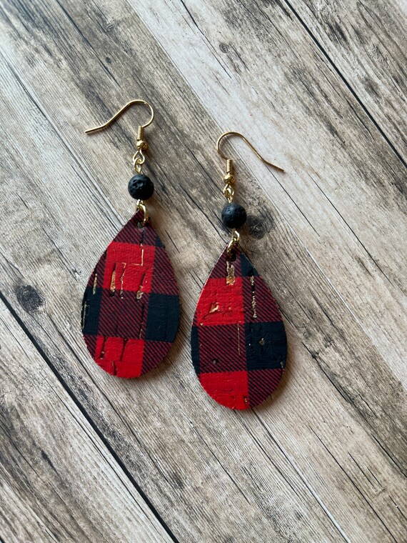 Black and Red Plaid Teardrop Earrings Buffalo Check Cork and