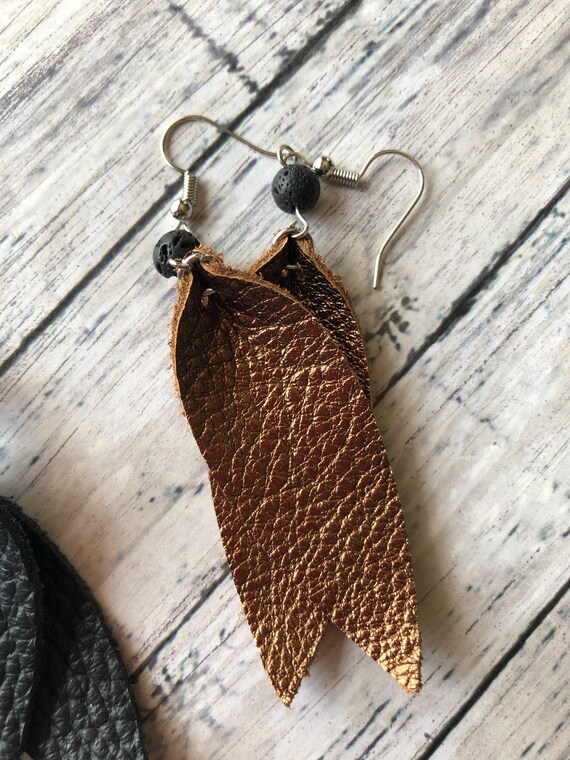 Pinched Leaf Leather Earrings Shimmer Brown or Matte Black