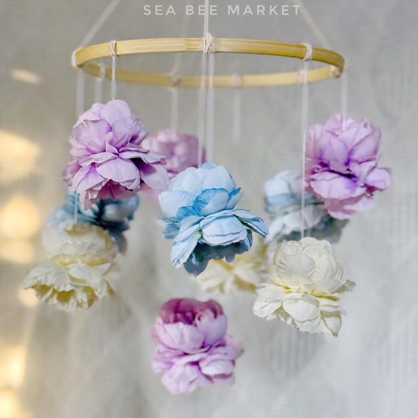 Floral Crib Mobile | Robin's Egg Blue, Lilac/Lavender, and Ivory  | Baby Shower Girl Gift