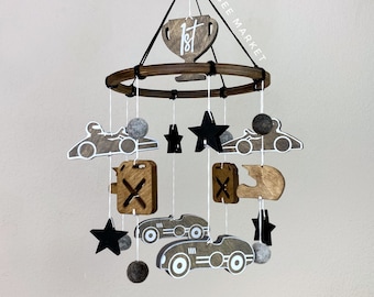 Race Car Mobile for Vintage Racing Themed Nursery - Grey Black and Brown Wooden Crib Mobile